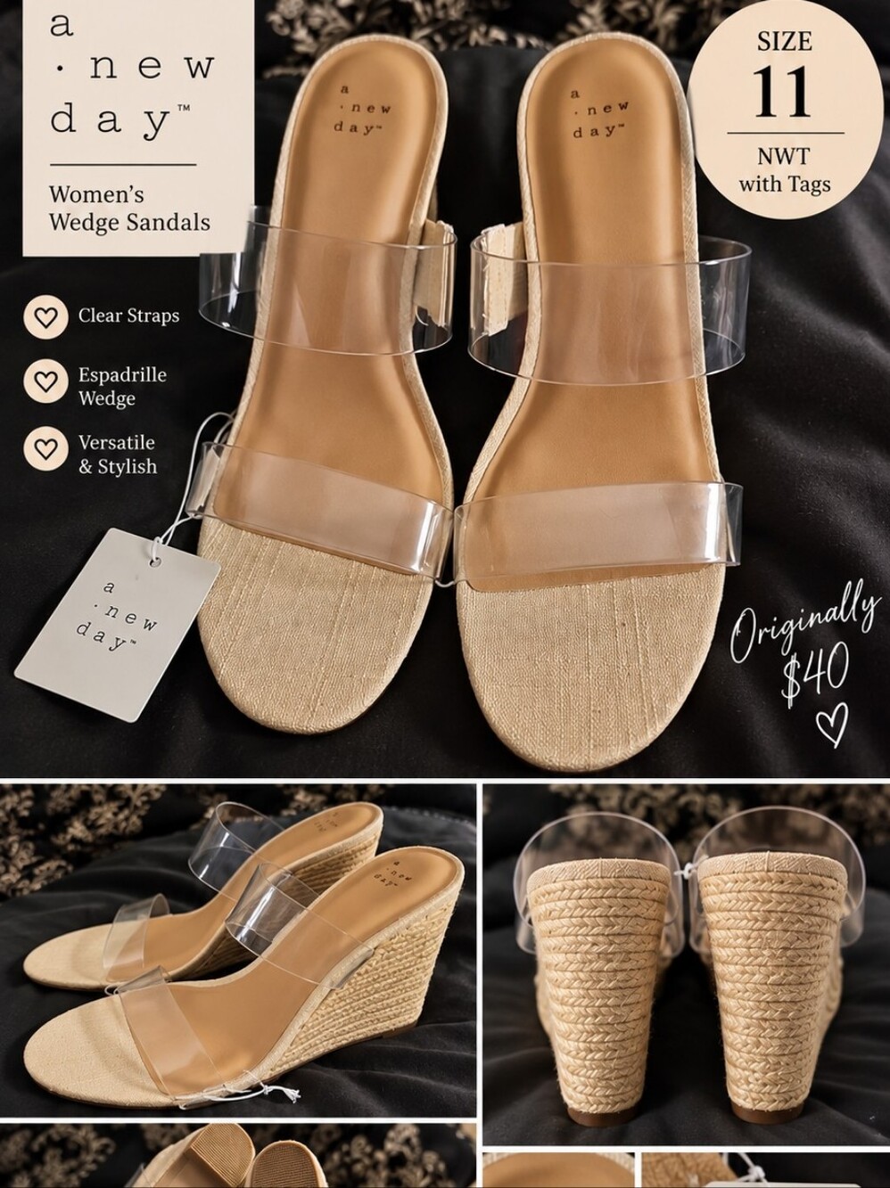 a new day Clear Strap Espadrille Wedge Sandals in Natural Tan Size 11!!